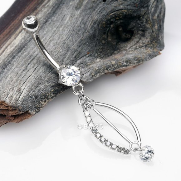 14 Karat White Gold Journey Sparkle Curvature Dangle Belly Button Ring